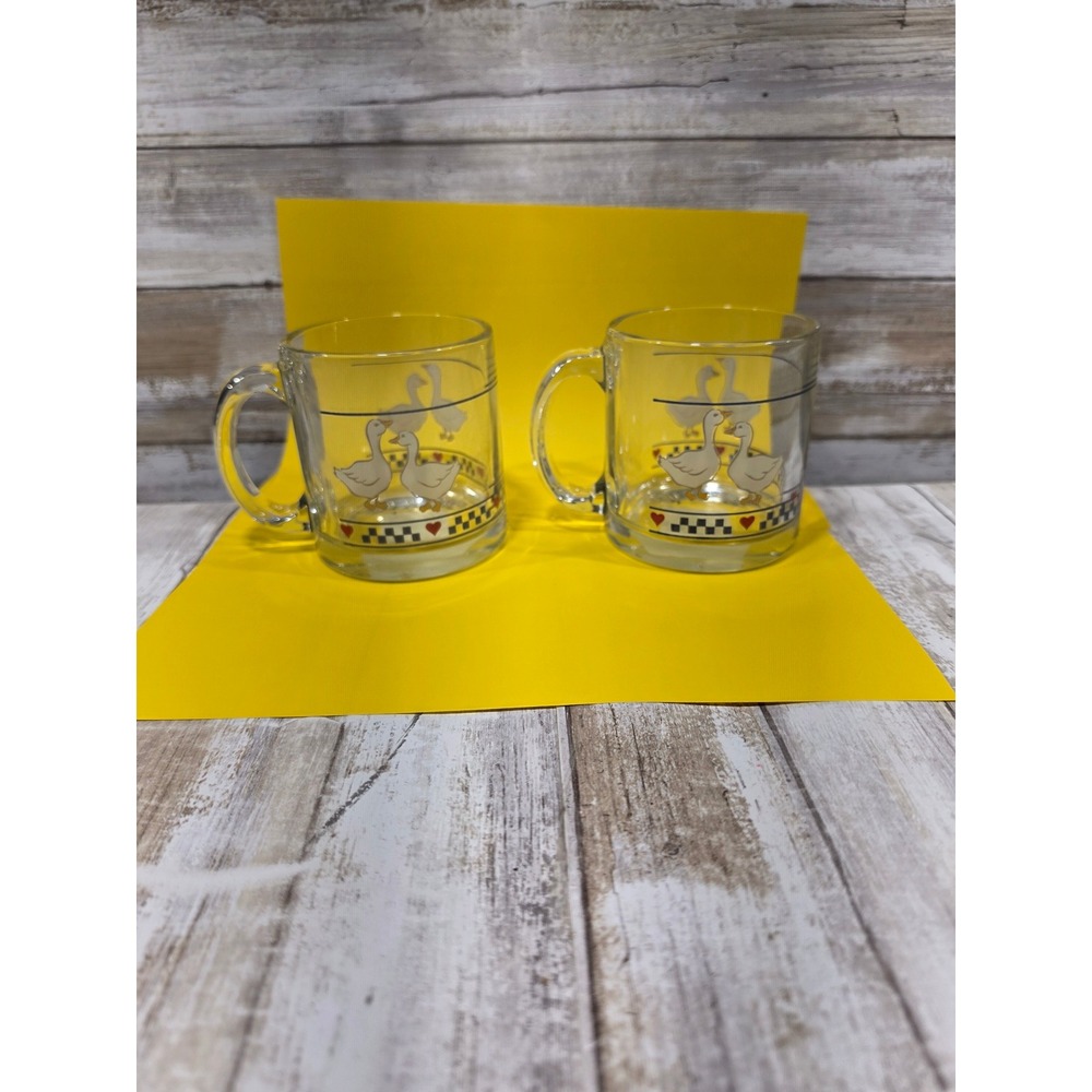 Libbey Country Geese‎ Glass Coffee Mugs Set of 2 Hearts Checkered 5213 USA